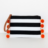 Pom Pom Striped Clutch Bag with Wrist Strap By Caroline Gardner